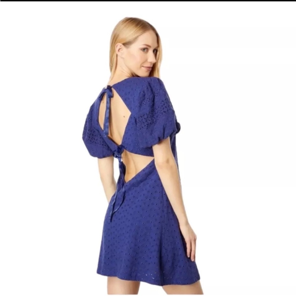 Free People Apricot Rose Puff Sleeve Eyelet‎ Dress Living Indigo Size large NWT